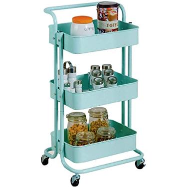 Imagem de LMJYU Carrinho de rodinhas dobrável utilitário, carrinho de armazenamento de metal, prateleiras de malha de 3 camadas com rodízios, carrinho de servir branco para cozinha, banheiro, escritório