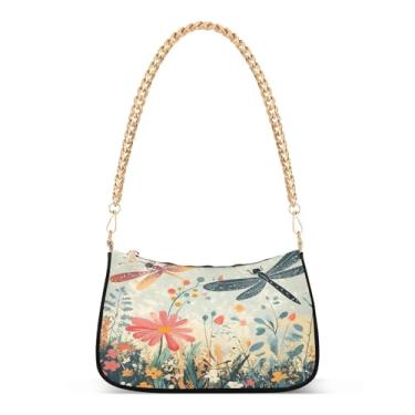 Imagem de CEBUGI Bolsas transversais femininas bolsa de ombro libélula flor bolsas elegante bolsa clutch com alça de corrente