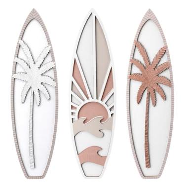 Imagem de RattanView 3 peças de decoração de prancha de surf para quarto de madeira para decoração de parede de praia verão madeira prancha de surf para decoração de sala de estar tropical (coqueiro, cor boê)