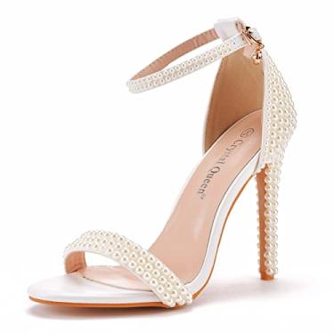 Imagem de Crystal Queen Sandálias de salto alto com pérolas, salto agulha e salto alto, sapatos de salto alto para noiva, festa de casamento à noite, Bege - 11 cm, 36