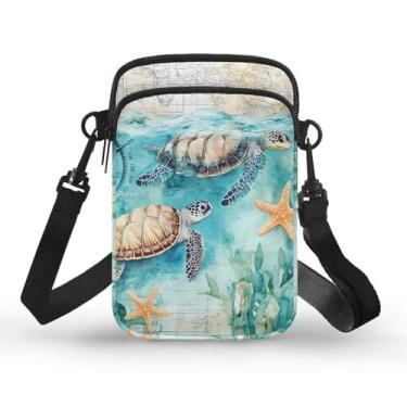 Imagem de CLOHOMIN Bolsa transversal para celular, mini bolsa tiracolo feminina e masculina com bolsos com zíper, Tartaruga marinha, estrela do mar