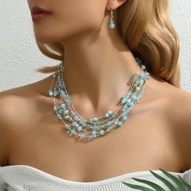 Imagem de Conjunto de colar e brincos de gota com contas de cristal colorido multicamadas e disco colorido, joia boêmia de verão vibrante, One Size, Metal Pedra, Sem Pedra Preciosa