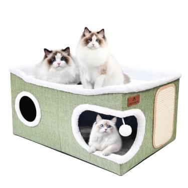 Imagem de Camas extra grandes para gatos internos, camas cobertas de caverna e móveis com almofada para arranhões e bola fofa, esconderijo dobrável de condomínio com almofada reversível para gatinhos grandes de