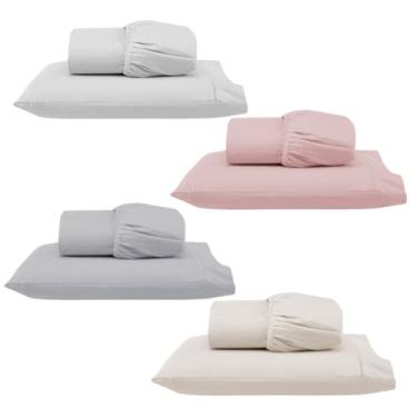 Imagem de Kit 4 Jogos de Lençol Solteiro com Elástico e Fronha Bordada em Ponto Palito, 8 Peças em Micropercal 300 Fios 100% Poliéster (4 Jogos Solteiro Versat (Branco/Cinza/Rosê/Palha))