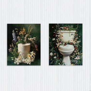 Imagem de 2 peças de rolo de papel higiênico e decoração de parede com fecho floral, pôsteres modernos sem moldura, arte para parede, decoração de parede elegante, pintura de imagem para casa de banho, vaso