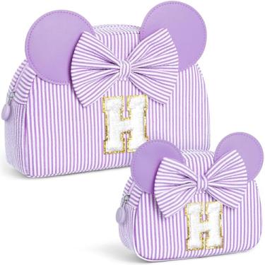 Imagem de QLOVEA Presentes de Natal para netos, bolsa de cosméticos inicial, bolsa de maquiagem de viagem, presentes de aniversário personalizados para crianças, Roxa, H