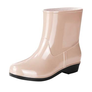 Imagem de Botas de chuva femininas modernas casuais de couro bovino cano médio para trabalho primavera verão salto baixo para uso ao ar livre, Bege, 36