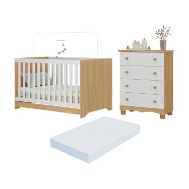 Imagem de Berço Americano 3 Em 1 Com Colchão Incluso E Cômoda 4 Gavetas Dengo Multimóveis MP4702 Madeirado-branco