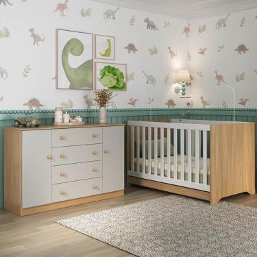 Imagem de Berço Americano 3 Em 1 Com Cômoda 2 Portas 4 Gavetas Encanto Multimóveis MP4691 Madeirado-off White