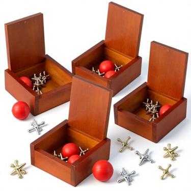 Imagem de Hiboom Pacote com 4 jogos de metal com bolas em caixa de madeira de lembrança, jogo de jax vintage para crianças e adultos jogos de chão nostálgicos retrô para noite em família, lembrancinha de festa