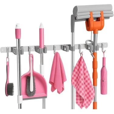 Imagem de Suporte de Parede para Vassoura e Rodo com 4 Clipes e 5 Ganchos, Organizador em Aço Inox