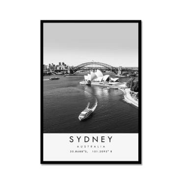 Imagem de Pôster de viagem preto e branco impressão paisagem da cidade do mundo pintura em tela Sydney arte de parede decoração de casa (16 x 24 polegadas (40 x 60 cm), moldura de metal)
