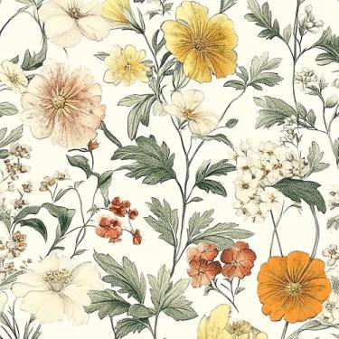 Imagem de JiffDiff Papel de parede vintage floral descascar e colar, papel de contato 43,9 cm x 2,032 cm papel de parede neutro Boho papel de parede autoadesivo para banheiro cobrindo armários de parede