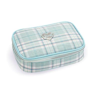 Imagem de Estojo Escolar Azul Turquesa Xadrez Divisória Volta as Aulas Box Canetas Lápis Colorido Material