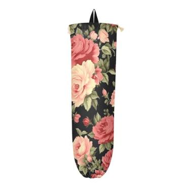 Imagem de Porta-saco plástico preto com flor, organizador de sacolas plásticas, bolsa de armazenamento de parede, 1 pacote