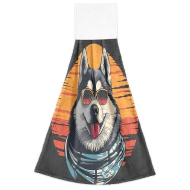 Imagem de Toalhas de mão engraçadas de primavera para cachorro Husky siberiano com laço de pendurar toalhas de gravata de forno ultra absorvente bonito toalha de cozinha conjunto decorativo de 2, 46 x 35 cm