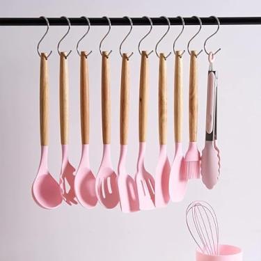 Imagem de Jogo de Utensílios Para Cozinha 12 Peças Silicone e Madeira (Rosa)