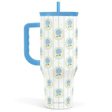 Imagem de SANDJEST Copo de hortênsia de 1,134 g com alça e canudo, caneca de café de viagem de aço inoxidável com isolamento floral para mulheres e meninas, ideia de presente para aniversário, Natal, Dia das