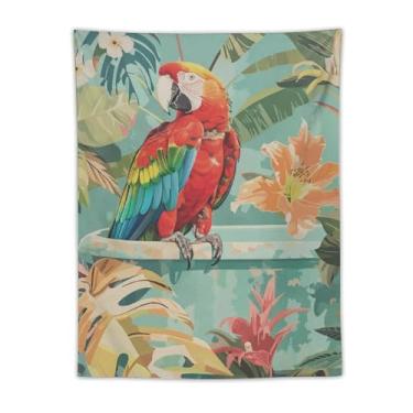 Imagem de Tapeçaria de parede floral tropical papagaio de arara vermelha na banheira decoração de pássaro vibrante arte boho para banheiro quarto acento pendurado animada cena natureza encantadora tapeçaria 76