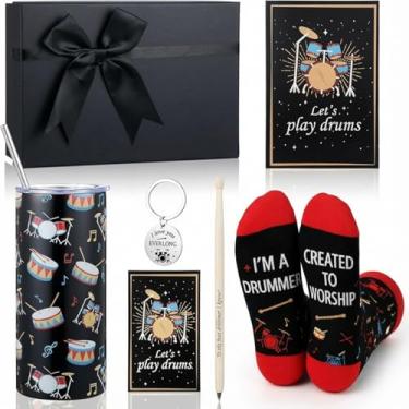 Imagem de Vesici Conjunto de 7 peças de presente para bateristas, inclui meias de 473 ml, caneta, caderno, chaveiro, cartão de felicitações e caixa de presente, Natal, baterista, presente de música legal para