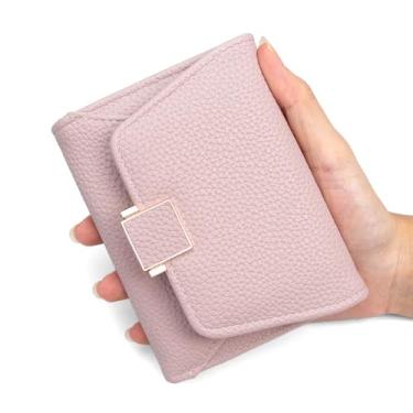Imagem de Carteira feminina de couro genuíno com dobra dupla/tripla - Suporte minimalista para cartão de crédito com bloqueio de RFID e bolso para moedas, rosa, Casual