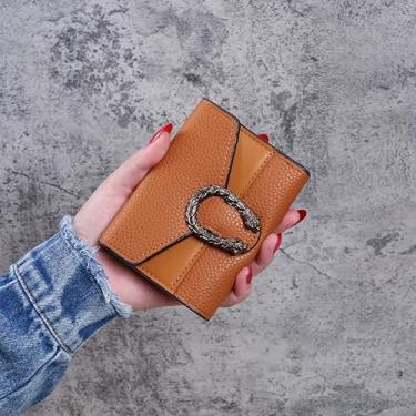 Imagem de Carteira feminina de couro genuíno com dobra dupla/tripla - Suporte minimalista para cartão de crédito com bloqueio de RFID e bolso para moedas, Marrom, Casual