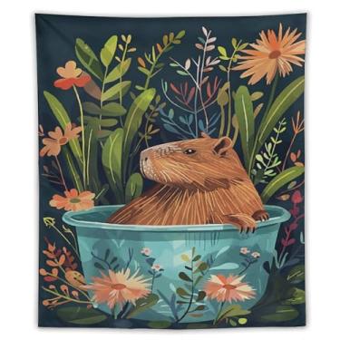 Imagem de Capivara tapeçaria de parede floral selva na banheira decoração animal peculiar arte da natureza fofa para banheiro quarto aconchegante boho pendurado destaque encantador cena 70 x 228 cm tapeçaria