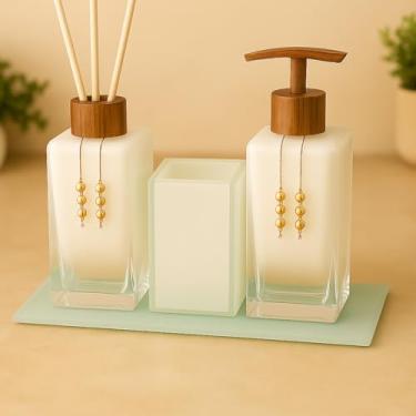 Imagem de Kit Lavabo Luxo Sabonete Líquido C/Porta Escovas e Aromatizante De Ambiente C/Bandeja(Branco Degrade C/Amadeirado)