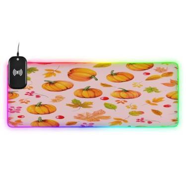 Imagem de CEBUGI Aquarela Pumpkins Mouse Pad de carregamento sem fio 15 W rápido para jogos com 14 iluminação LED RGB para jogos, PC, laptop, mesa 90,9 x 39,9 cm