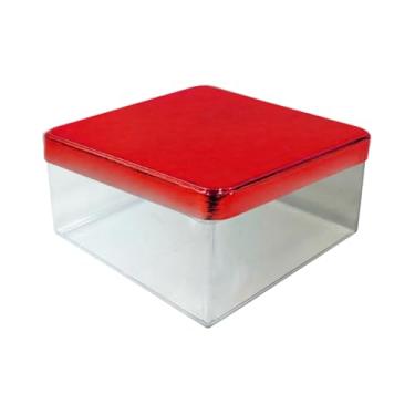 Imagem de Kit 2 Caixas Cake Box Acrílico Quadrada C/Tampa Metalizada Para Lembrancinha 15x15 (Tampa Metalizada Vermelha)