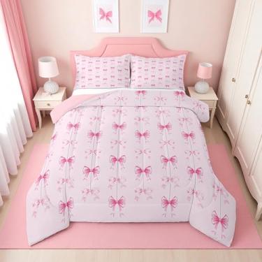 Imagem de Erosebridal Conjunto de cama King com gravata borboleta rosa para meninas | Lindo conjunto de edredom com nó de laço rosa para crianças, adolescentes, colcha de laço de fita de coquete, decoração de
