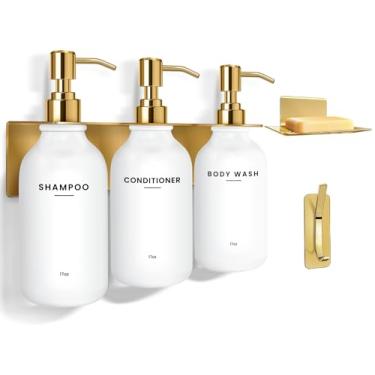 Imagem de KLL Conjunto de dispensador de xampu e condicionador – Dispensador de sabão de chuveiro montado na parede – Sem broca 502 ml Conjunto de 3 frascos de plástico e suporte de sabão – Dispensador de xampu