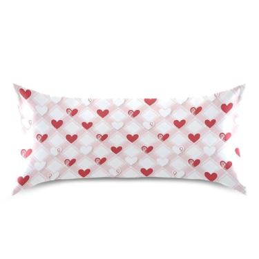 Imagem de Wassud Fronha de cetim com estampa xadrez de coração para o dia dos namorados para cabelo e pele, fronhas de seda lisa, tamanho king size, respirável, com fecho de envelope