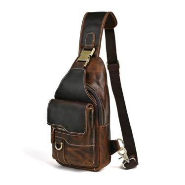 Imagem de Handadsume Mochila de couro genuíno para caminhadas e viagens, bolsa tiracolo triangular para homens e mulheres 8241, 8241 marrom, Medium, Estilo vintage retrô elegante sem rua