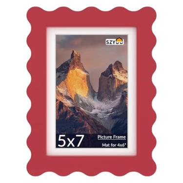 Imagem de SZYUU Porta-retrato ondulado 12 x 17 cm com tapete para 10 x 15 cm, moldura de vidro real e madeira - moldura para pendurar na mesa ou na parede (1 pacote, vermelho)