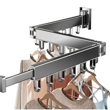 Imagem de QRZLP Estante de secagem de roupas, rack de secagem de roupa dobrável de parede com 18 ganchos cabide retrátil retrátil para secadora para uso interno/externo (preto)