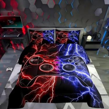 Imagem de Erosebridal Jogo de cama de solteiro, para meninas, consoles de videogame, vermelho, azul, relâmpago, decoração de jogos para quarto de meninos
