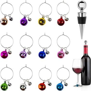 Imagem de VGEUNA Berloques de taça de vinho para copos de haste com conjunto de rolha de garrafa, marcadores de bebida Jingle Bell, etiquetas identificadoras para festa de degustação e noite de vinho