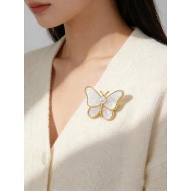 Imagem de Broche de borboleta para mulheres, broche de lapela vintage banhado a ouro com asas de acrílico cintilantes e pérola sintética, joia elegante presente para suéteres e casacos
