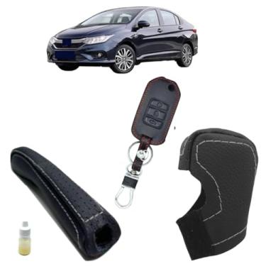 Imagem de Kit Capas Couro Manopla Câmbio Automático E Alavanca Freio de Mão E Chave Canivete City 2022 2023 (Couro preto/linha prata)