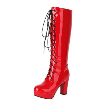 Imagem de Bota de cano alto feminina casual à prova d'água com cadarço Western Cowboy para outono inverno confortável e versátil, Vermelho, 38
