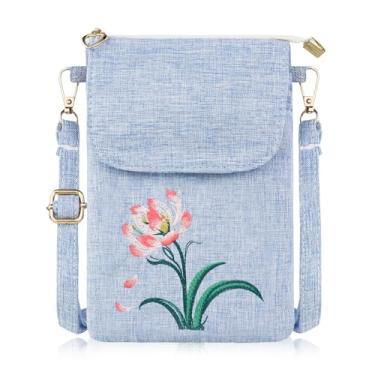 Imagem de AdiStylinno Bolsa feminina pequena a tiracolo com estampa de bordado floral, bolsa para celular de algodão, mini bolsa com zíper, alça ajustável, Tulipa (azul claro), 7.67*5.12*0.6 in, Moderno