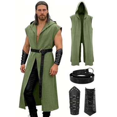 Imagem de Verceco Conjunto de fantasia masculina renascentista – fantasia medieval/renascentista masculina com cinto e cintas de couro com capuz, Verde, XXG