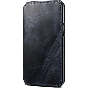 Imagem de CYSUE para Apple iPhone 14 Plus (2022) coldre de 6,7 polegadas, capa de telefone retrô de cera de óleo de couro de vaca à prova de choque capa de telefone carteira [porta-cartão] (cor: azul)