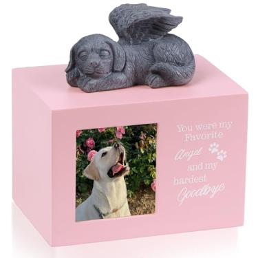 Imagem de DiDiBirDi Urnas para cães para cinzas, lembrança de madeira rosa com moldura de foto, caixa de memória para animais de estimação com estátua de anjo de cães de resina e sacos de armazenamento selados