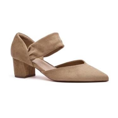 Imagem de Salto bloco feminino confortável com tira fechada bico fino salto baixo grosso sapato vestido festa casamento trabalho baile, Bege, 39