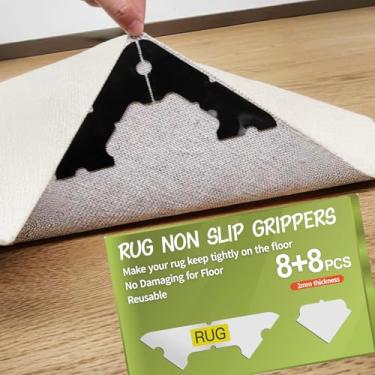 Imagem de FLUOTINE 16 peças de fita de tapete, tapetes antiderrapantes para tapetes de área em pisos de madeira, laminado, azulejo, pisos LVP, almofadas de canto reutilizáveis e removíveis sem resíduo