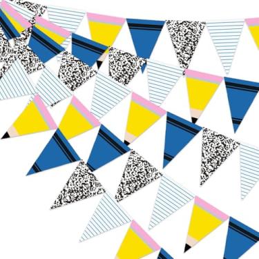 Imagem de FYSUIMU Faixa suspensa de volta às aulas de 1,8 m para decoração de galhardete lápis de cera composição triângulo bandeira tecido guirlanda para sala de aula primeiro dia de escola suprimentos de