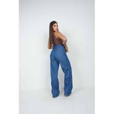 Imagem de Calça Jeans Feminina Wide Leg Cintura Alta Azul Médio Cor:AzulTamanho: