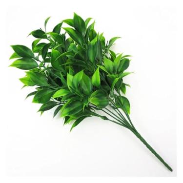 Imagem de Decoração de casa 7 ramos plantas artificiais verdes para arbustos de jardim erva falsa eucalipto folhas laranja planta falsa para decoração de loja de casa flor artificial